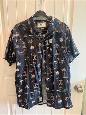 Jetty Navy Short-Sleeve Tropical Print Button-Down Shirt